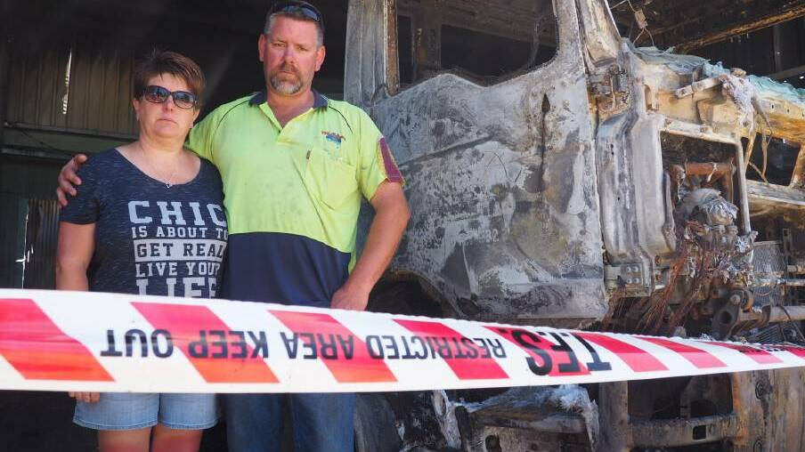 Sally and Troy Harper assessing the damage after a fire at their Legerwood home. Pictures: Melissa Mobbs
