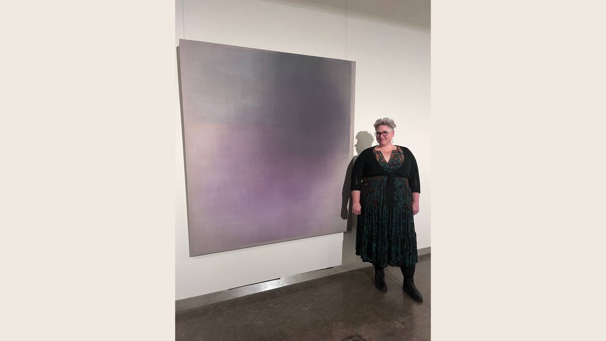 NERAM director Rachael Parsons with Marisa Purcell's, Evening Tint, 2022. This work was donated through the federal government's cultural gifts program by Marisa Purcell in 2023. 