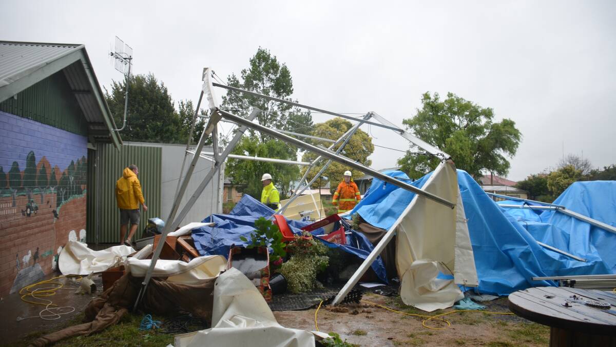Marquees set up for the Guyra Lamb and Potato Festival were smashed in the storm.