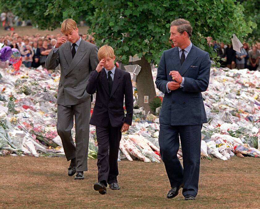 Twenty years ago: Princes William and Harry with their father Prince Charles walk among floral tributes in the wake.