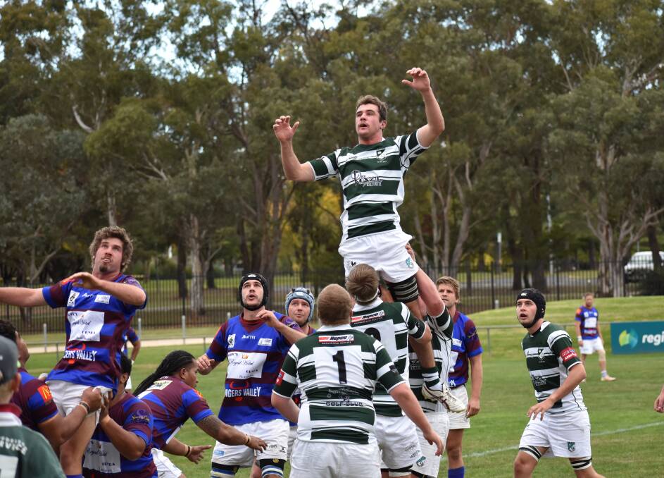 HIGH FLYER: The Glen Innes-Guyra side compete in a lineout against Robb College in their match on Saturday. Photo: Aroha Gibb.