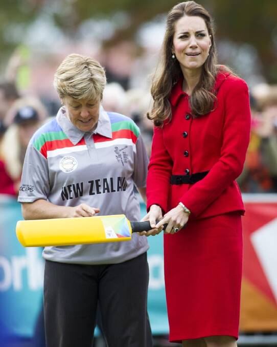 Catherine, Duchess of Cambridge plays cricket. Photo: Pool