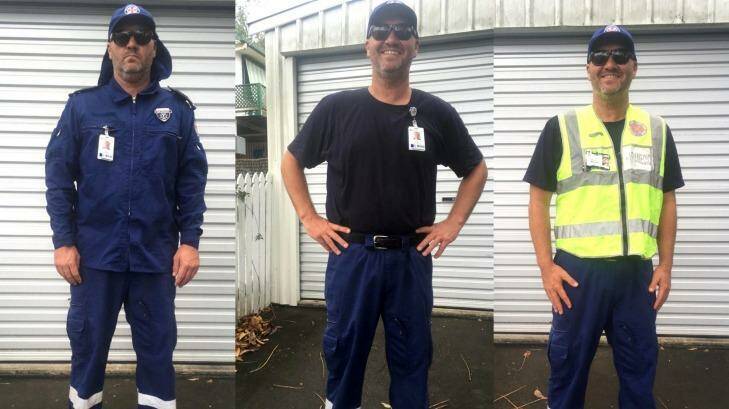 The full NSW Ambulance uniform (left), under-shirt (centre) and uniform the APA recommended its members to wear (right). Photo: APA