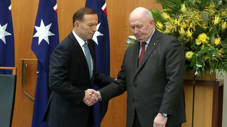Prime Minister Tony Abbott and Governor-General Sir Peter Cosgrove, who is travelling to Holland to receive the bodies of Australian victims of the MH17 disaster. Photo: Alex Ellinghausen