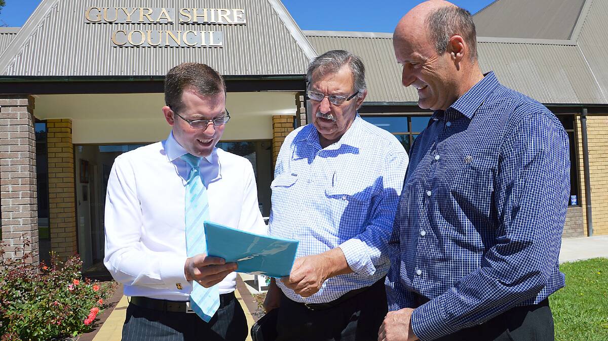  Member for Northern Tablelands Adam Marshall, discussing Guyra Shire Council’s Tingha 
township flood study with Mayor Hans Hietbrink and Director of Engineering Ralf Stoeckeler.