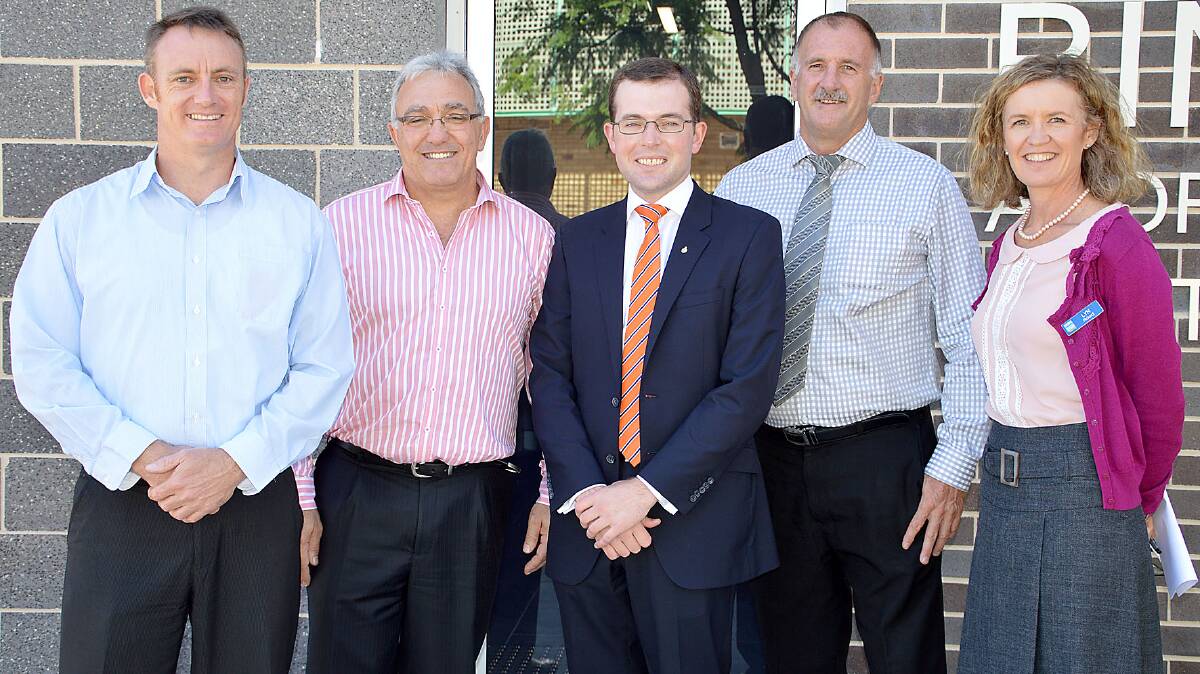 Rural Skills Australia Education and Training Adviser Charles Impey, left, TAFE New England Director of Education Services John Michael, Member for Northern Tablelands Adam Marshall, State Training Services Regional Manager Grey Peotschka and TAFE New England Faculty Director Lyn Rickard.