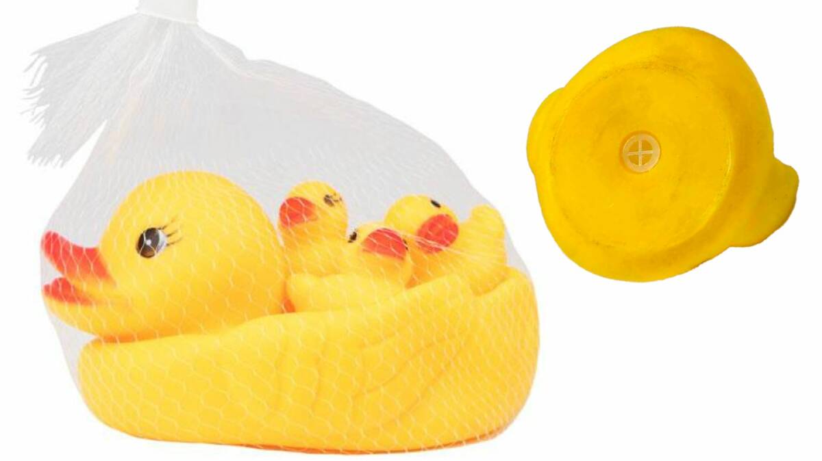 Lenan Corporation - 4 ducks kids bath toy set (left), the squeaker shown (right). Supplied