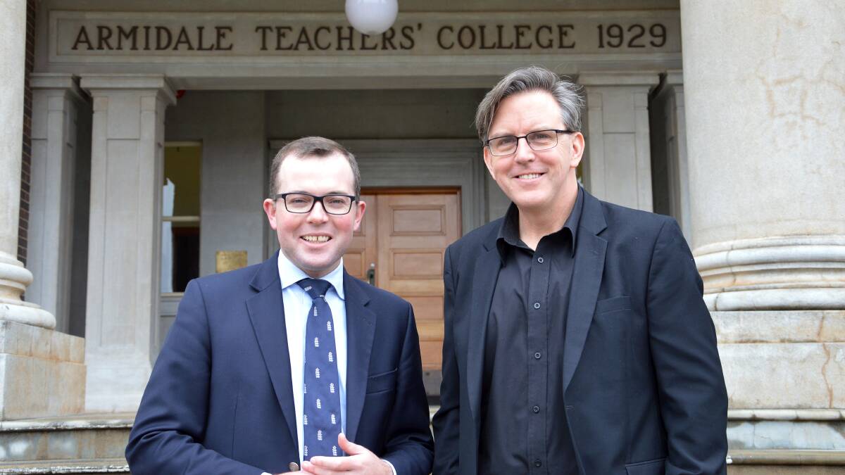 Northern Tablelands MP Adam Marshall, left, and New England Conservatorium of Music Director Russ Bauer celebrating news of the $25,000 grant to host a major composition conference in Armidale next year.