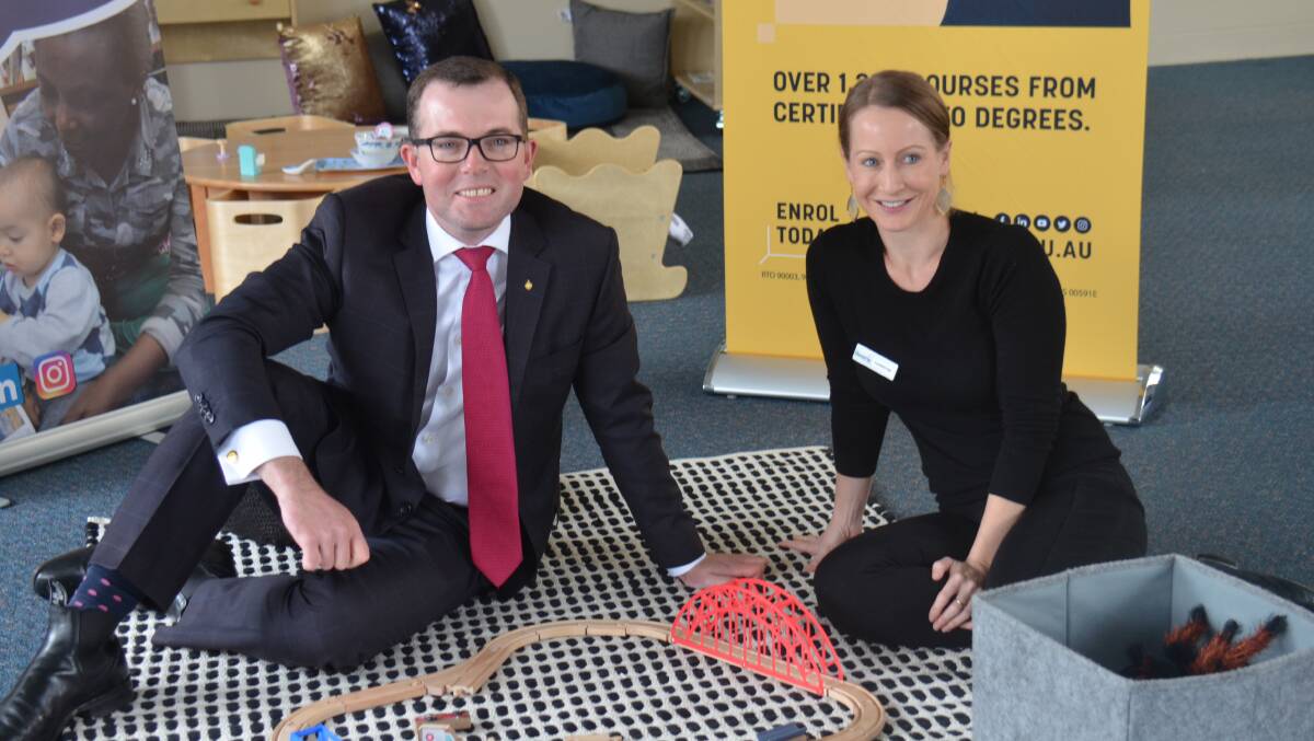 OPEN: Northern Tablelands MP Adam Marshall and Gowrie creches general manager Clementine Buckett at Armidale TAFE campus on Beardy Street.