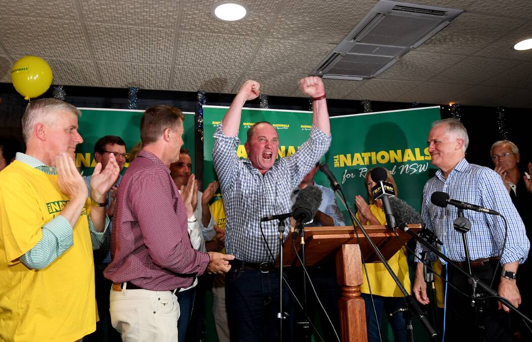 Joyous Joyce: Barnaby celebrates at Nationals party following the tally room results. Photo: GARETH GARDNER. 