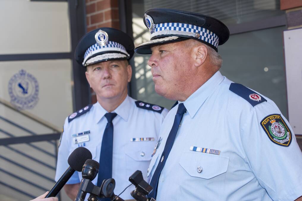 Major overhaul: NSW Police Commissioner Mick Fuller, left, and Deputy Commissioner Gary Worboys in Tamworth earlier this year announcing plans to shake-up regional policing. Photo: Peter Hardin