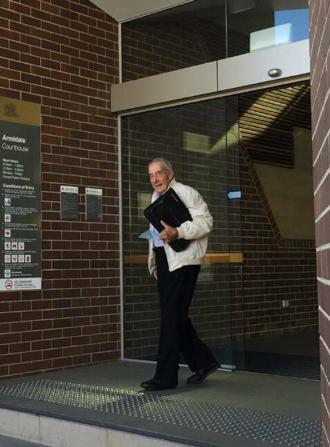 Standing trial: Former Catholic priest David Joseph Perrett outside Armidale Local Court in 2017. He remains bail refused after being committed for trial.