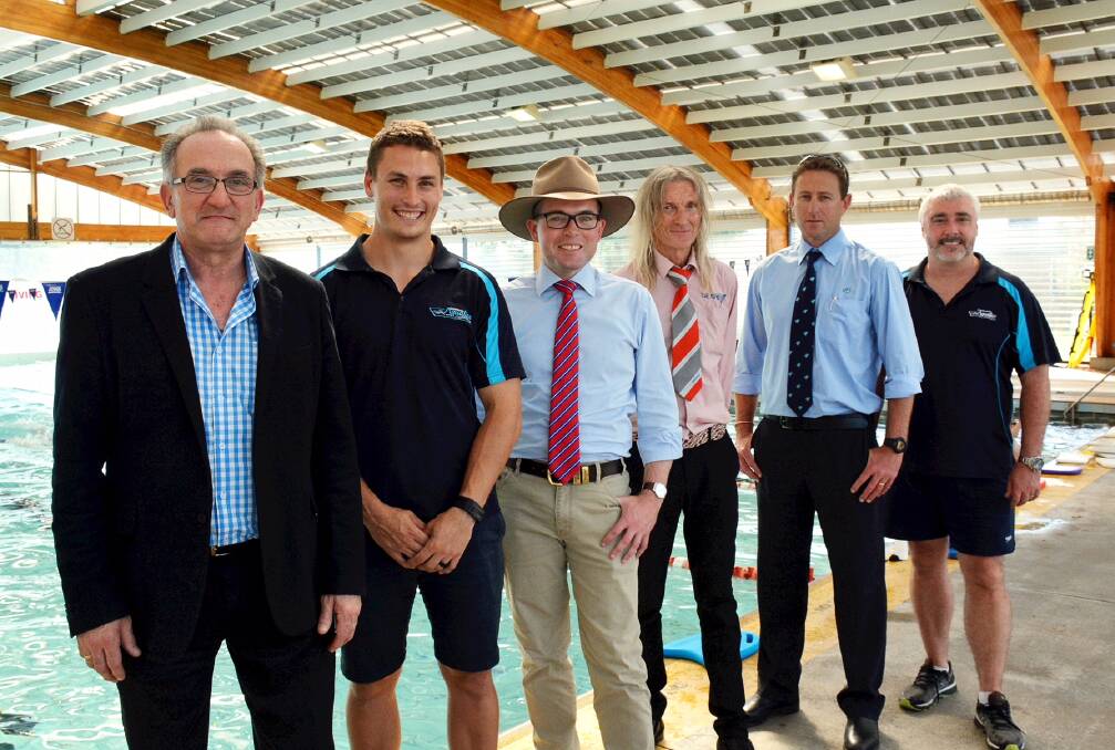  Inverell Shire Deputy Mayor Anthony Michael, left, Inverell pool manager Isaac Mainey, Northern Tablelands MP Adam Marshall, BEST Employment CFO Tom Sanderson, Council’s Manager Development Services Anthony Alliston and Community Aquatics owner Brad Patterson at Inverell’s pool.