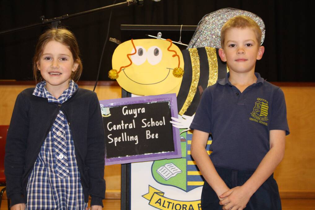 BUSY BEES: Alana Marshall and Liam Hutton enjoying the competition at the Primary Spelling Bee at Guyra Central School recently. Photo: Contributed