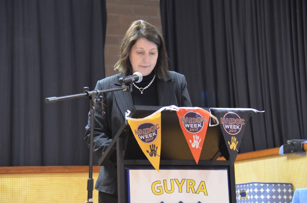 CELEBRATE: Acting principal Gillian Davis at the NAIDOC Week assembly at Guyra Central School last Friday. This year's theme is Our Language Matters. 