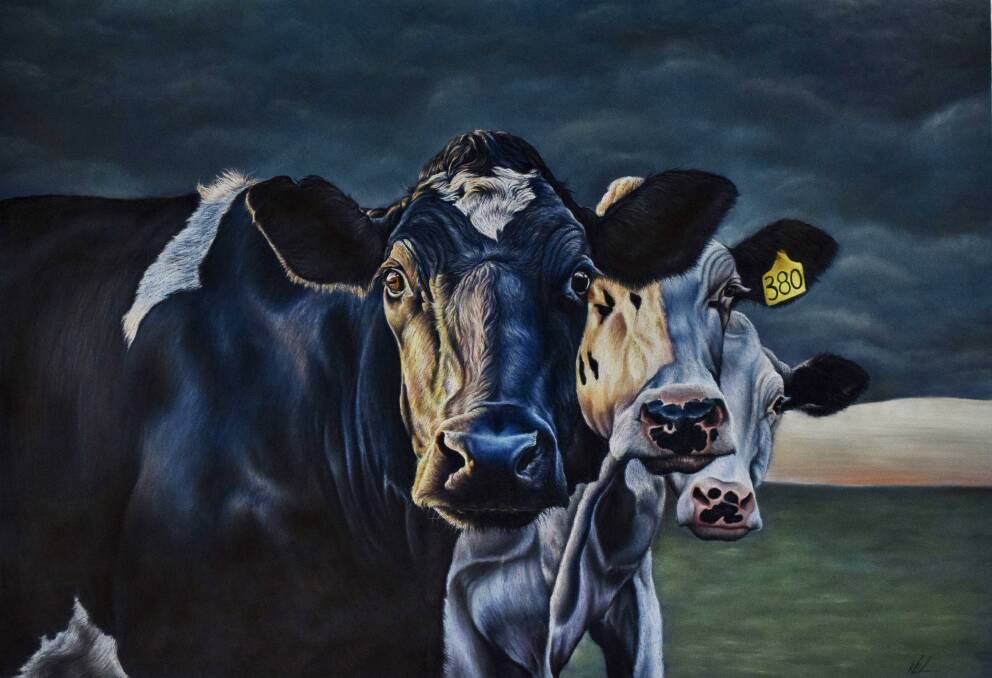 DAIRY HELPERS: This original pastel artwork by artist Kay Davidson is being auctioned off to support dairy farmers struggling in the drought. Picture: SUPPLIED