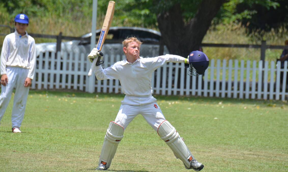 Olly Schmude celebrates after notching up a century against the Hunter Valley. 