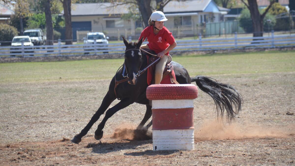 Guyra Pony Club associate rider Courtney Reeves makes away around the barrel course on Saturday. 