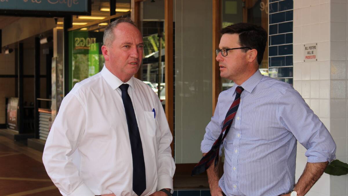 Member for New England Barnaby Joyce speaks to Drought Minister David Littleproud. 