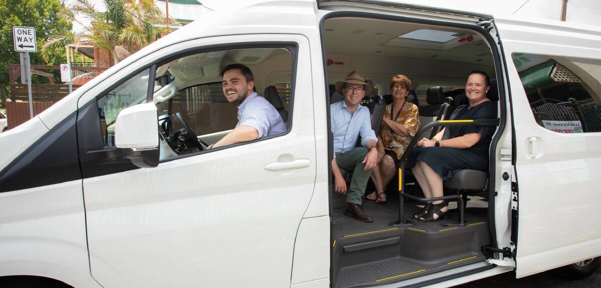 Handing over the keys to the new Tingha Preschool bus, Northern Tablelands MP Adam Marshall, Tingha Preschool Nominated Supervisor Sandy Ellis, Inverell District Family Support CEO Nicky Lavender and IDFS Operations Officer Tom Devlin.