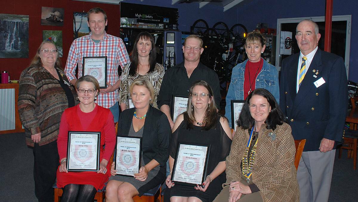 PAST WINNERS: Recipients of the Pride in Workmanship Award, 2015.  Back row, l to r: Martha Weiderman, Justin McKay, Simmone Stanley, Randy Mulligan, Lisa Church and Bob Ryan (Rotary’s Assistant Governor) Front row, l to r: Kirsty White, Michelle Mulligan, Marie Lawson and Wendy Mulligan
