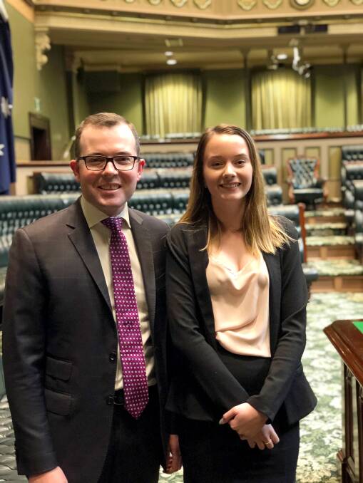 Northern Tablelands Youth MP Gemma Weguelin pictured with her ‘senior’ colleague Adam Marshall in NSW Parliament.