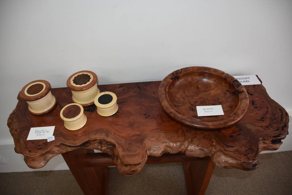 Redgum and blue gum hall table, with red cedar bowl and trivets. Photo: Nicholas Fuller