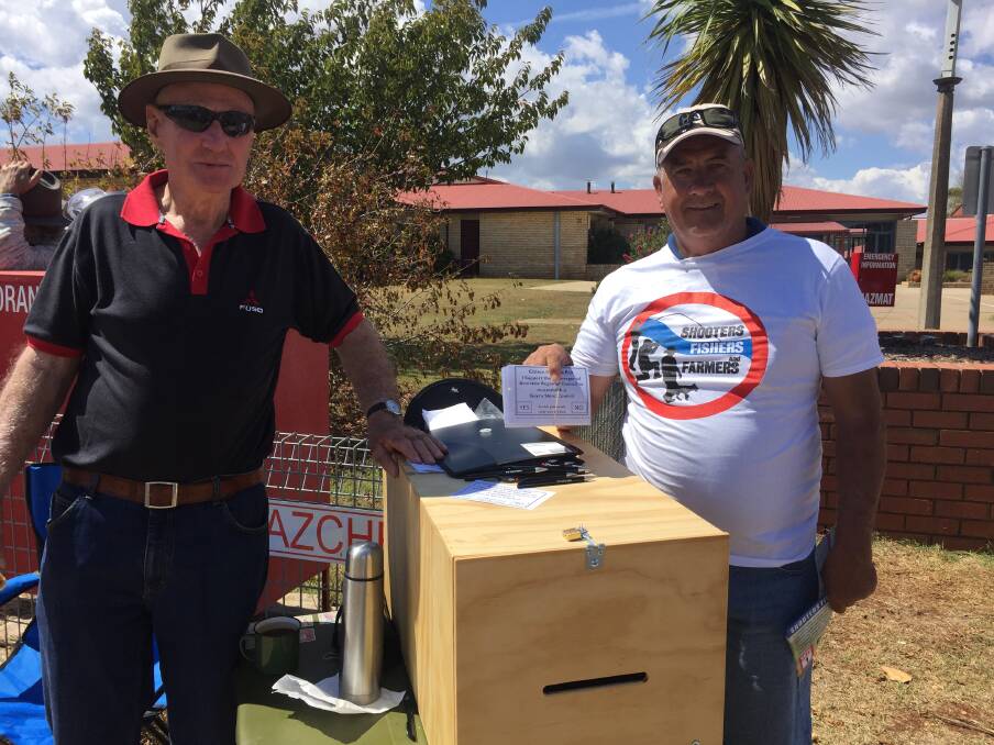 Barry Sweeney and Wayne Mendes (Shooters, Fishers and Farmers Party), with the survey box. Photo - Nicholas Fuller