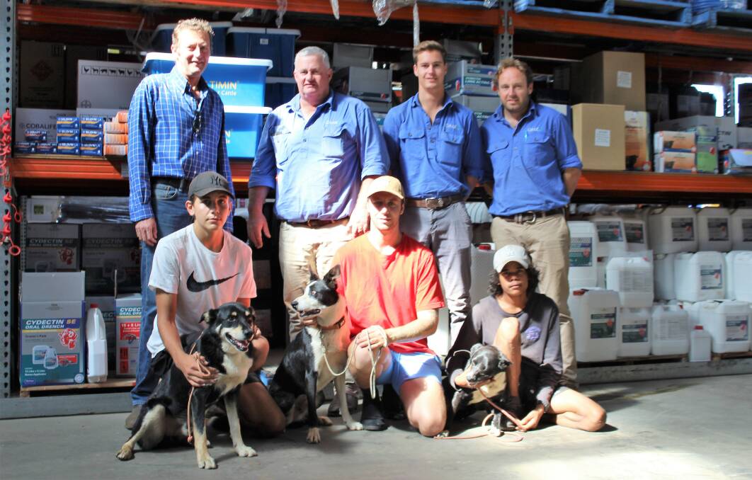 DONATION: (rear l-r) BackTrack CEO Bernie Shakeshaft, Grazag manager Jason Litchfield, Tajo Quaife and Chris Heywood (front) Aiden Kelly and "Bounce", Bradey Morris and "Sport" and Brendan Nean with "Robyn".