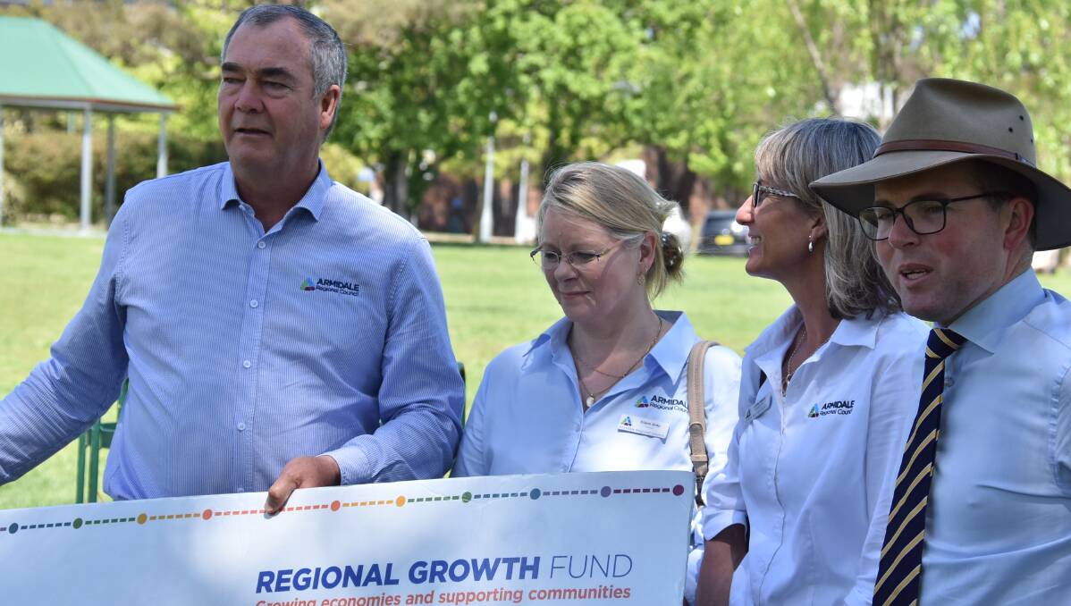 Mayor Simon Murray, Cr Di Grey, Cr Libby Martin and Member for Northern Tablelands Adam Marshall, who handed over a big cheque to the Armidale Regional Council this morning