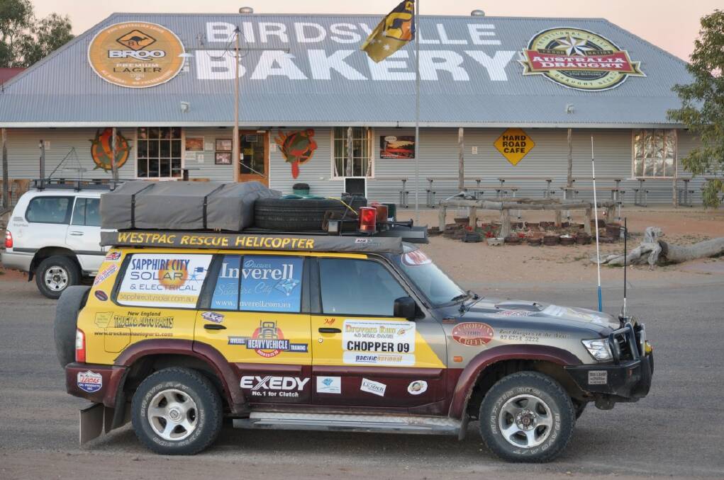 Sue and Jeff Lowe's well-equipped Nissan in front of the Birdsville Bakery where they sold the Inverell sapphire during the Drovers Run for the Westpac Rescue Helicopter. Photo by Jeff Lowe