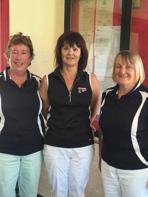 2018 Guyra Golf Champion, Vicki Reeves (centre) celebrating her victory with B Grade Champion, Jenny Rogers (left) and Shona Mulligan (right).