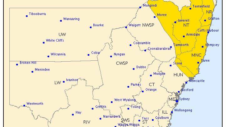 The warning map issued at 5.45pm Saturday.